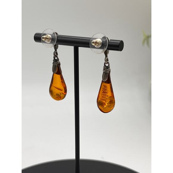 Sterling Silver Large Cognac Teardrop Baltic Amber Pierced Detailed Top Earrings - Picture 2 of 7